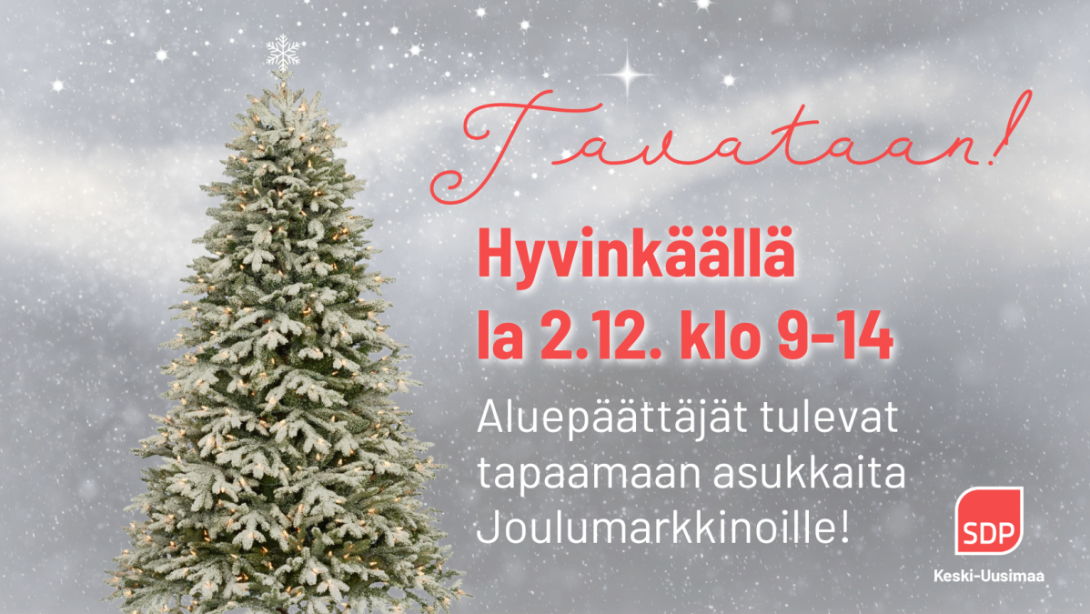 Joulukuusi ja tapahtuman tiedot harmaalla pohjalla. oikeassa alakulmassa SDP Keski-Uusimaan logo.